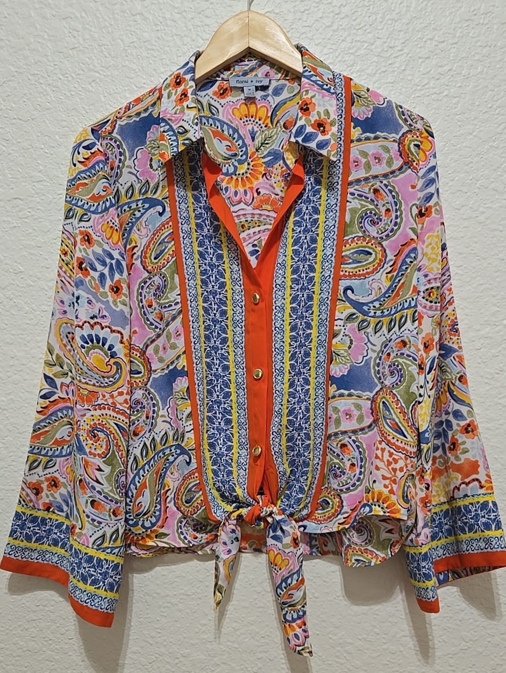 Floral And Ivy Boho Paisley Tie-Front Bell Sleeves Button Shirt - Orange Multi